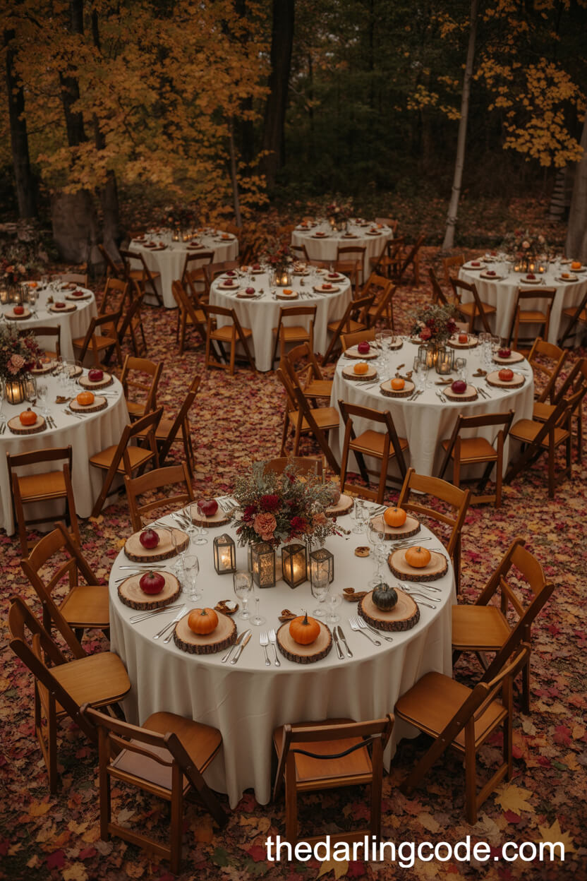 Cozy Autumn Forest Reception With Fall Foliage And Pumpkin Decor