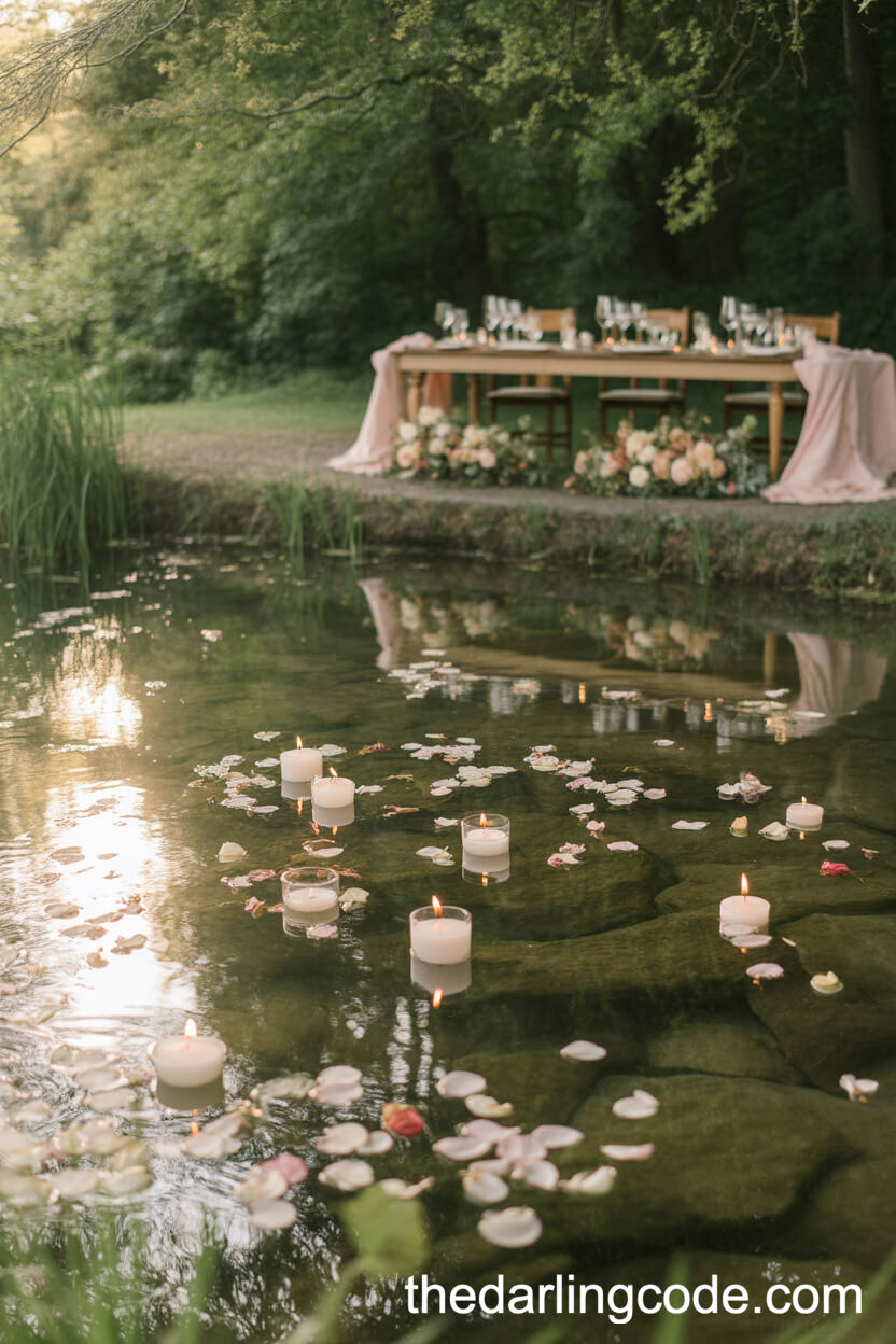 Romantic Pondside Reception With Floating Candles And Wildflowers