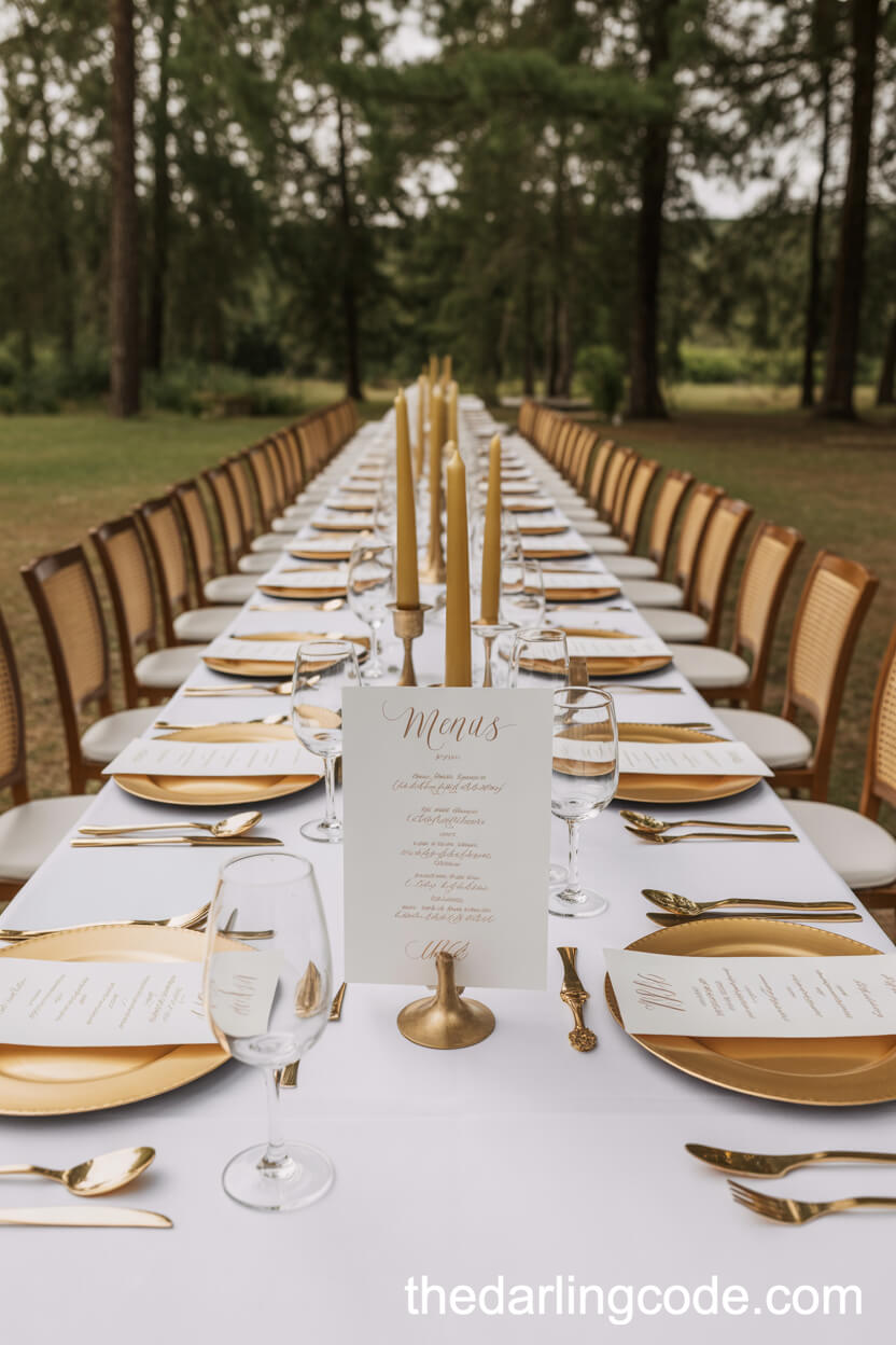 Symmetrical Banquet Tables With Gold Flatware In A Forest Clearing