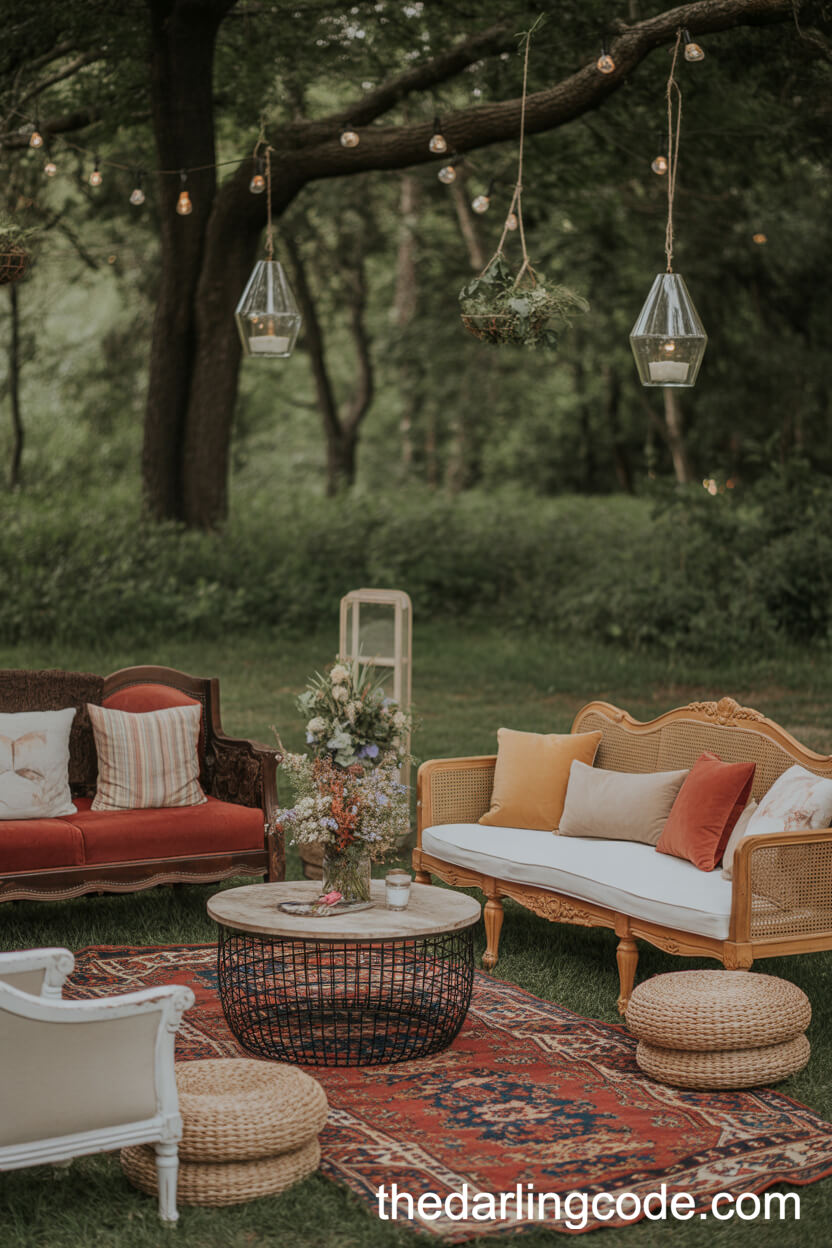 Relaxed Forest Lounge Area With Vintage Sofas And Hanging Terrariums