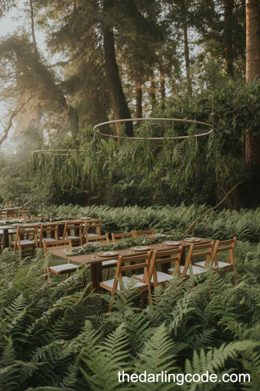 Fern-Filled Woodland Reception With Hanging Greenery Hoops
