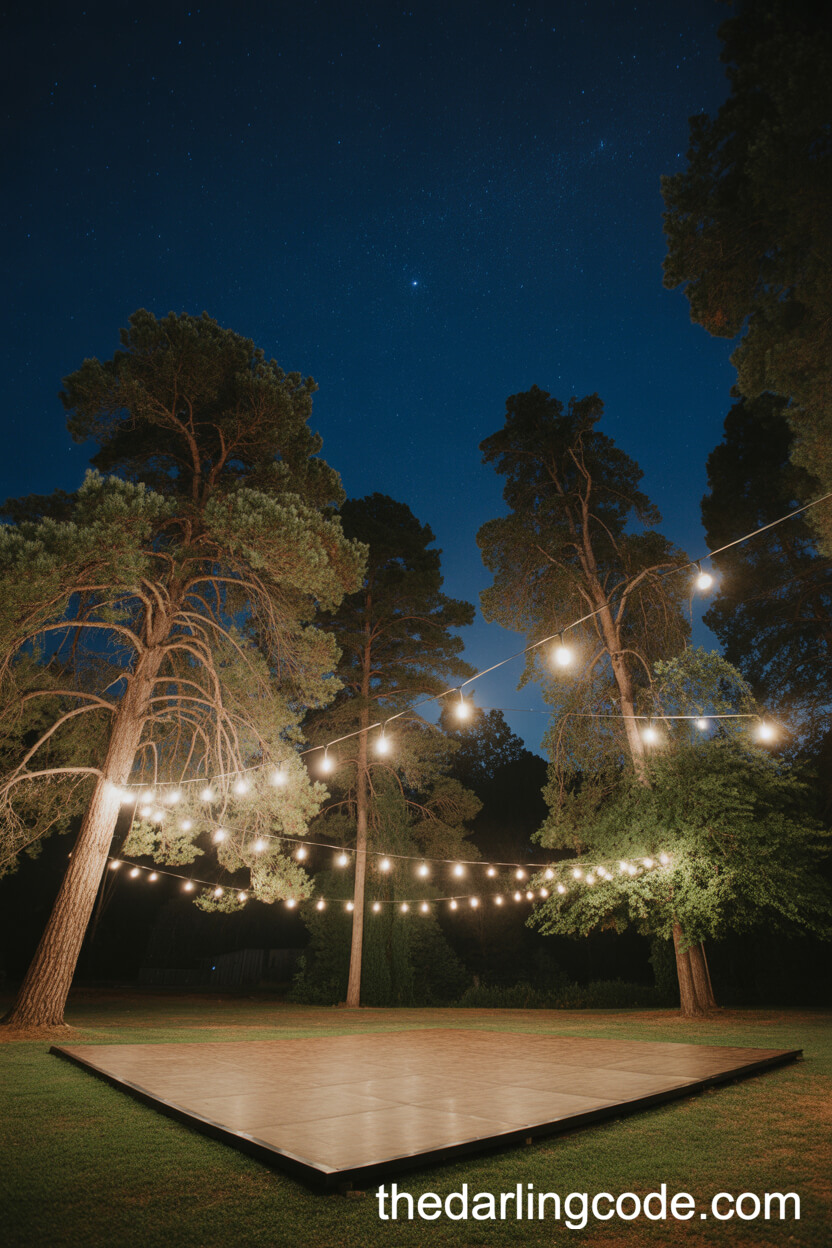 Rustic Outdoor Dance Floor Surrounded By Forest And Twinkle Lights