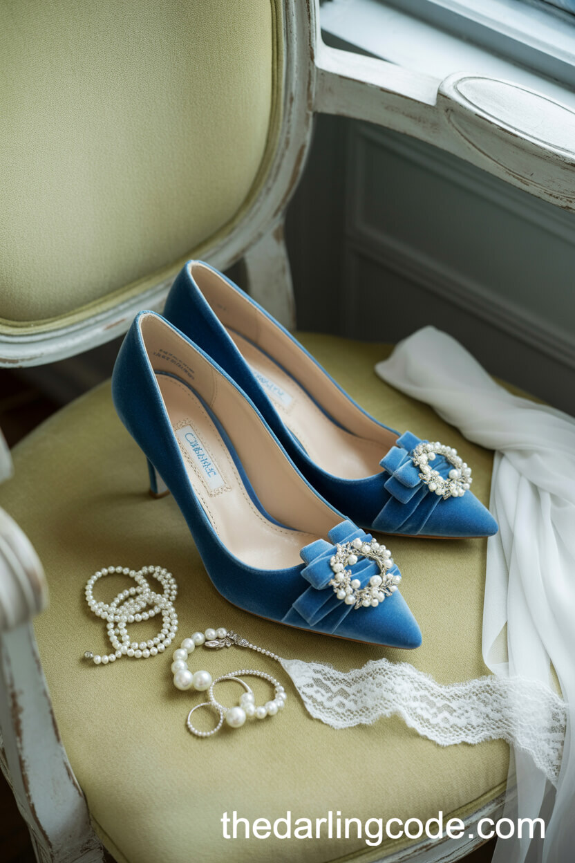French Blue Velvet Bridal Shoes For Elegant Wedding Style