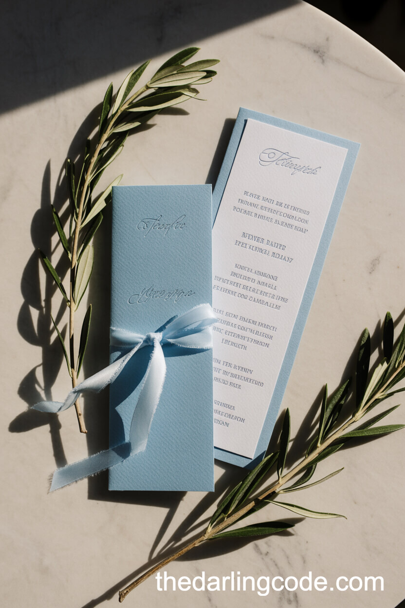 French Blue Wedding Ceremony Programs With Silk Ribbon