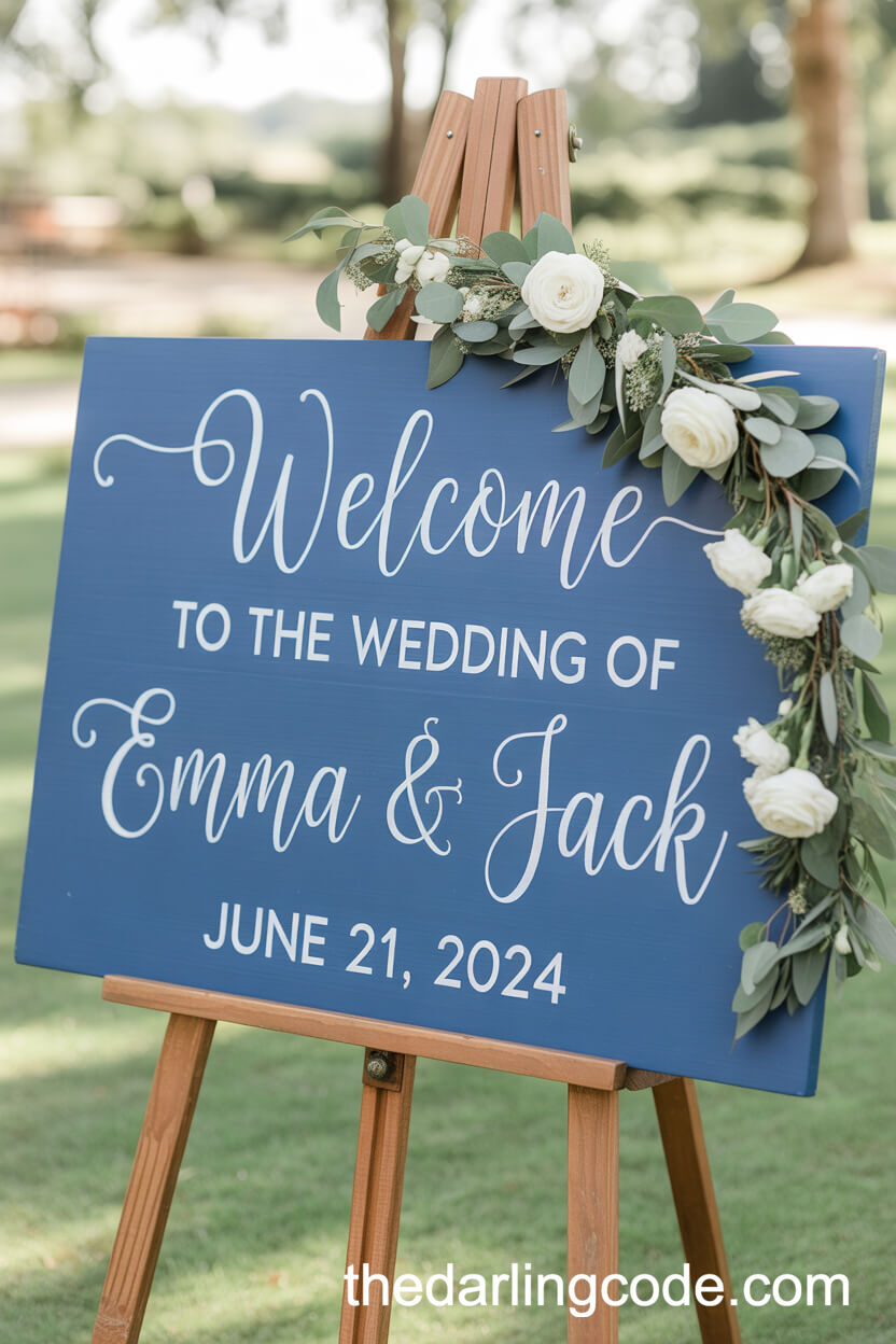 French Blue Welcome Sign With Floral Garland