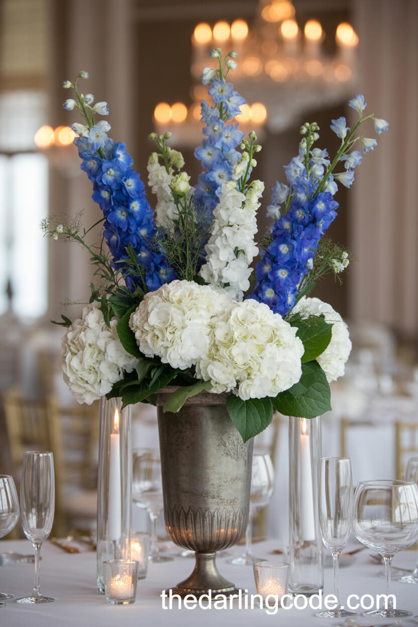 Tall French Blue Floral Centerpieces For Reception Tables
