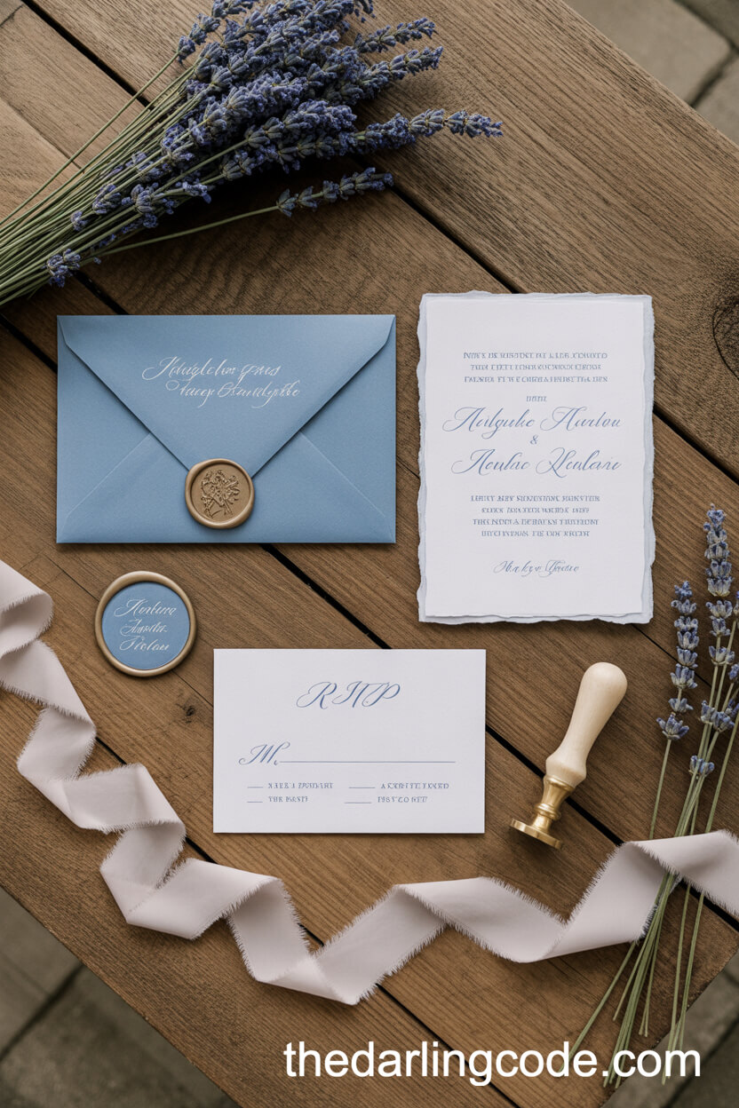 French Blue Wedding Invitation Suite With Elegant Calligraphy