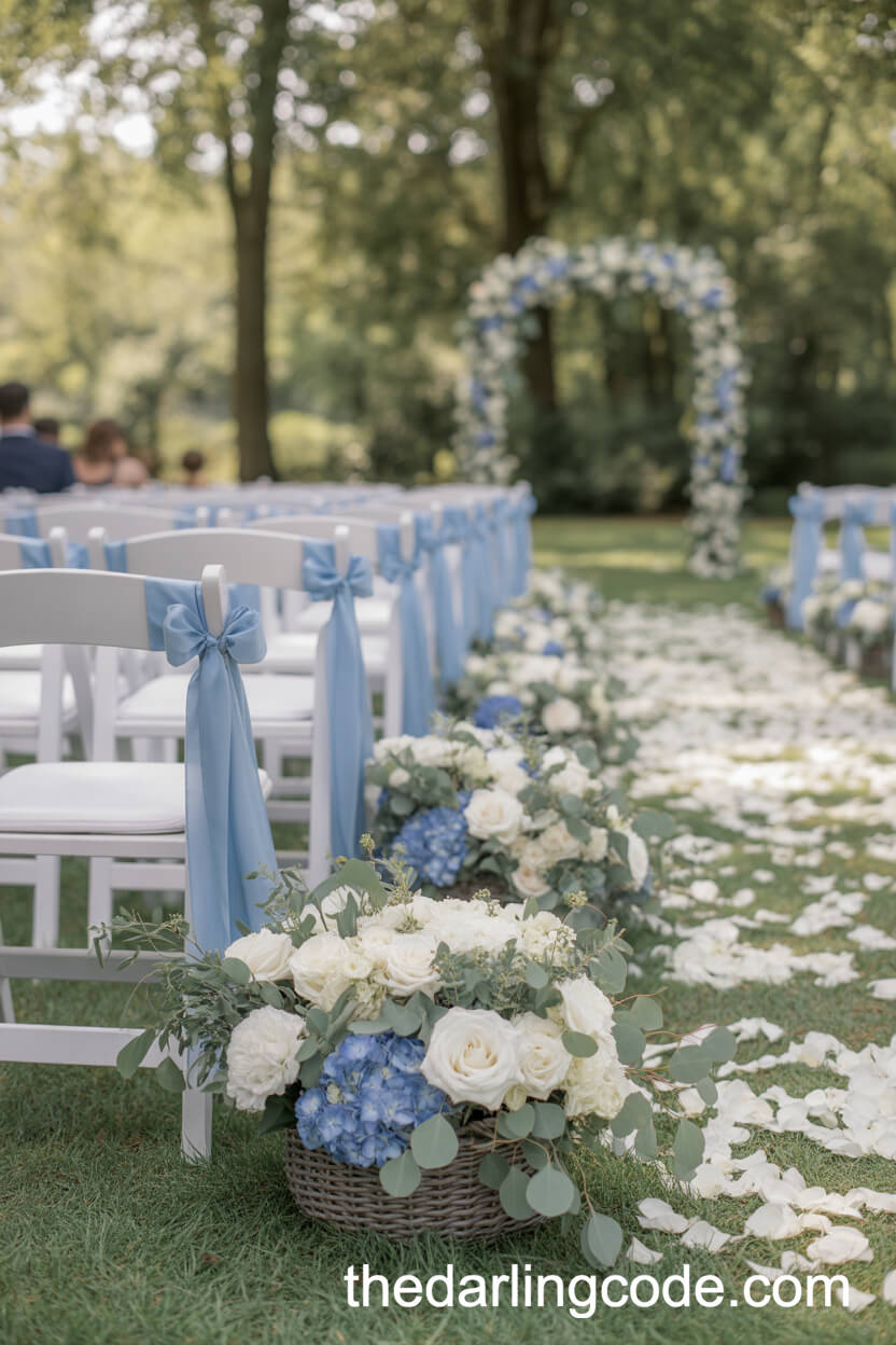 French Blue Ribbon And Floral Decor Along The Wedding Aisle