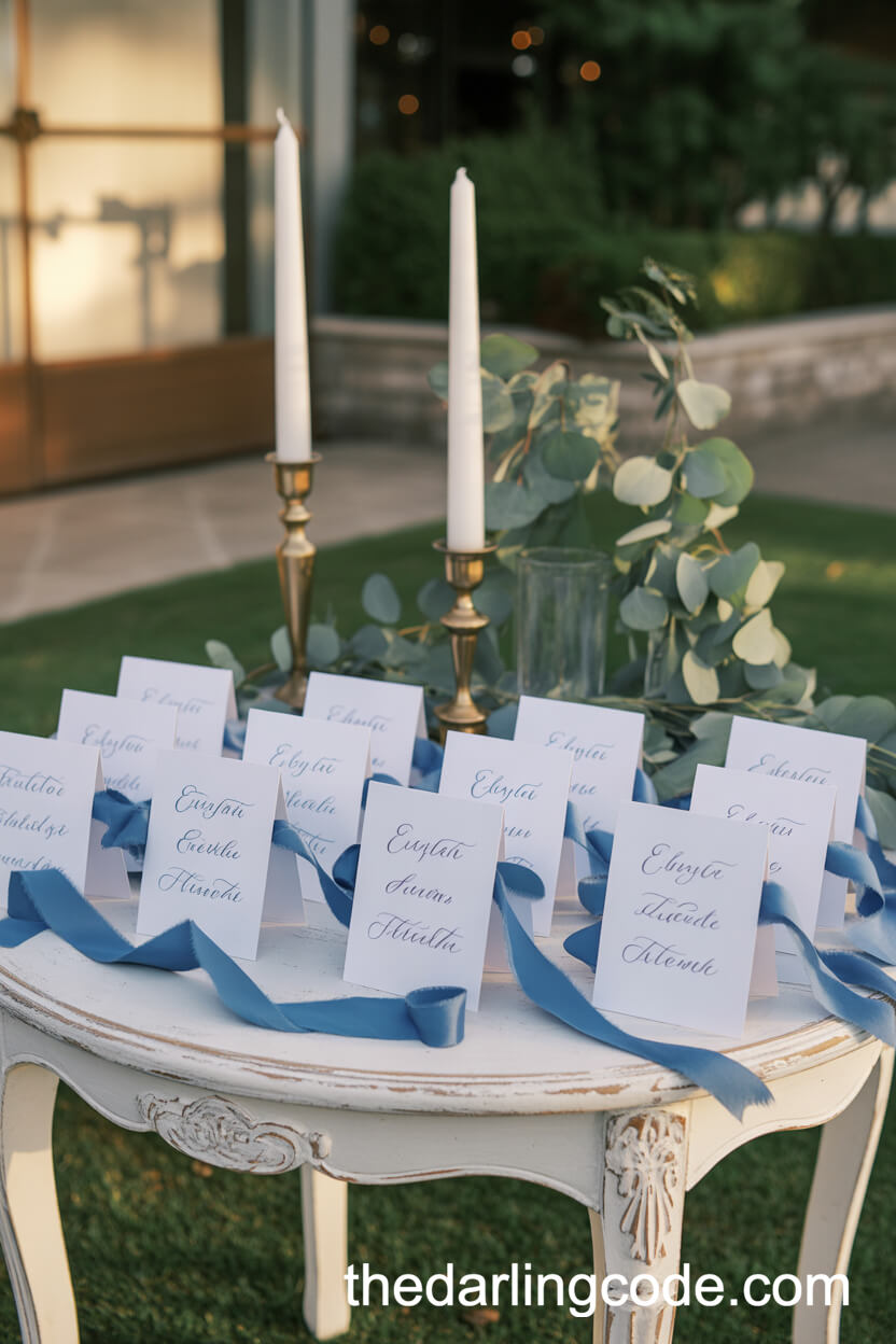 Escort Card Display With French Blue Ribbon Accents