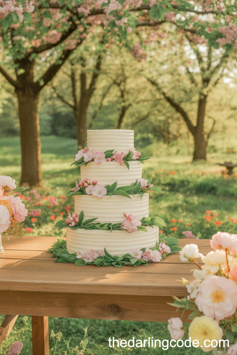 Cherry Blossom Adorned Buttercream Cake For A Spring Garden Wedding