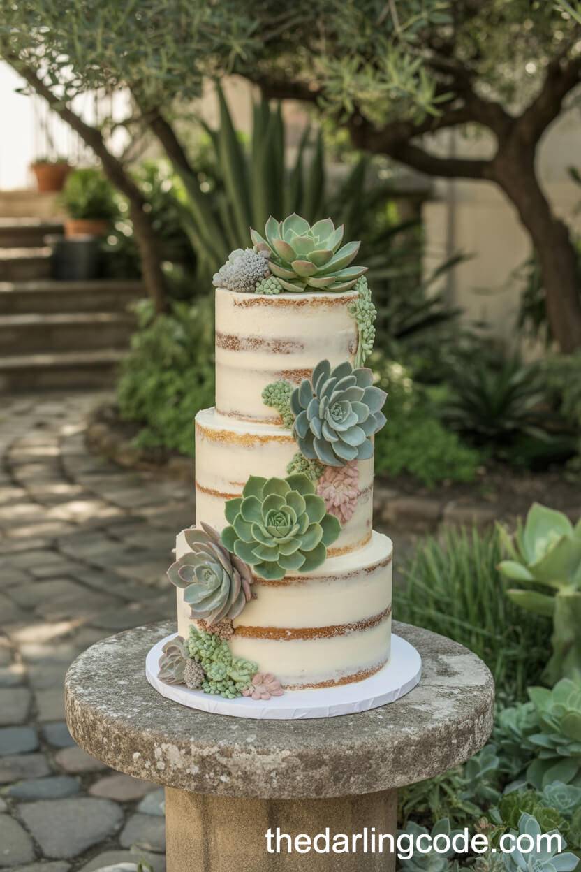 Semi-Naked Cake With Sugar Succulents And Garden Greenery