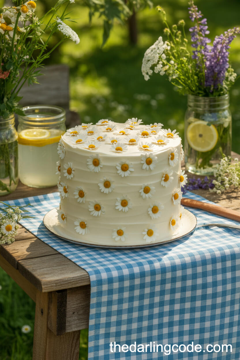 Single-Layer Daisy Cake On A Country-Style Picnic Table