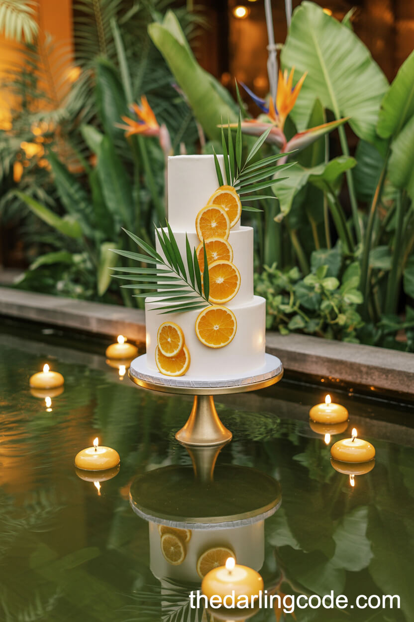 Citrus-Themed Wedding Cake With Candied Orange Slices And Palm Fronds
