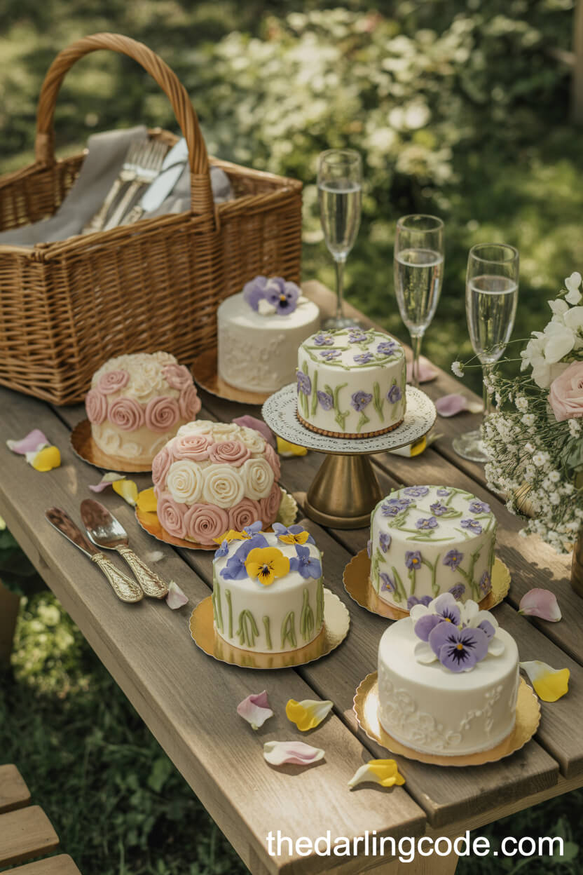 Mini Garden-Themed Wedding Cakes Displayed Picnic Style