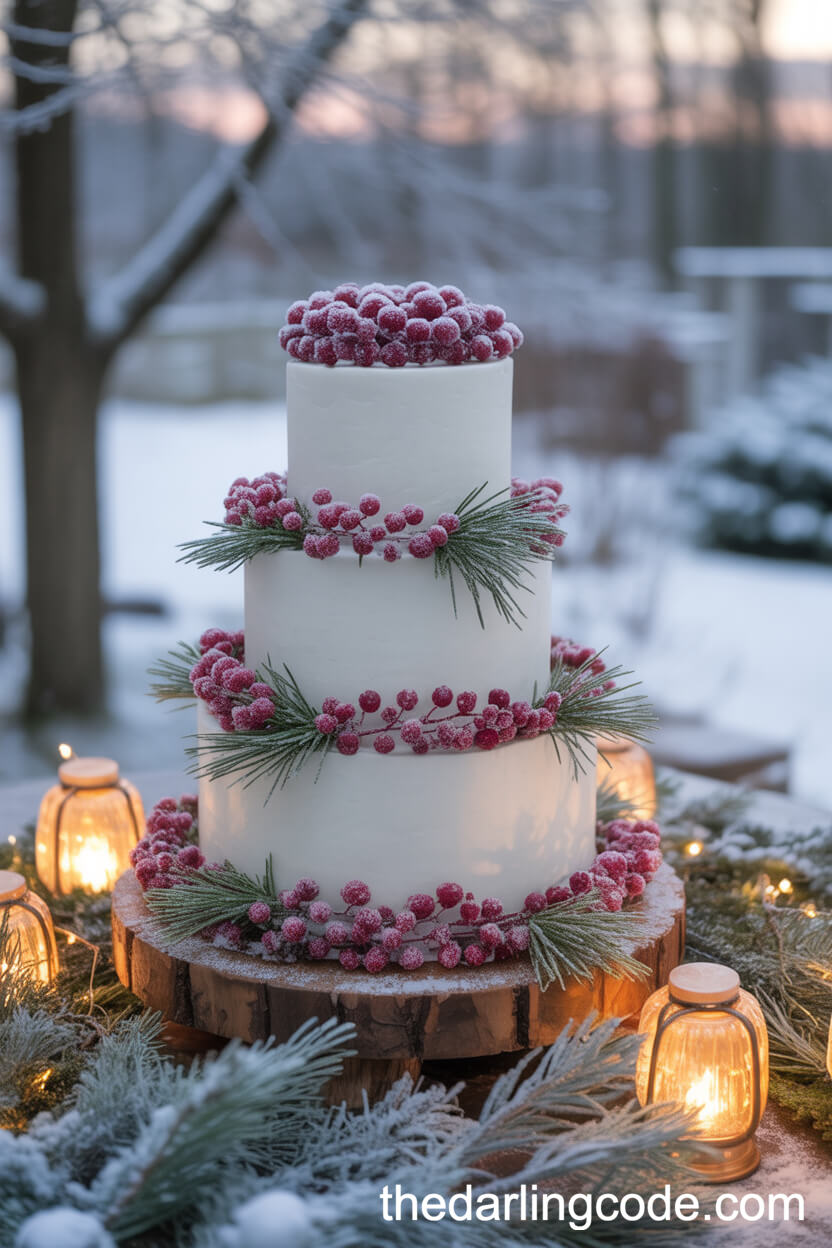 Winter Garden Wedding Cake With Sugared Cranberries And Evergreens
