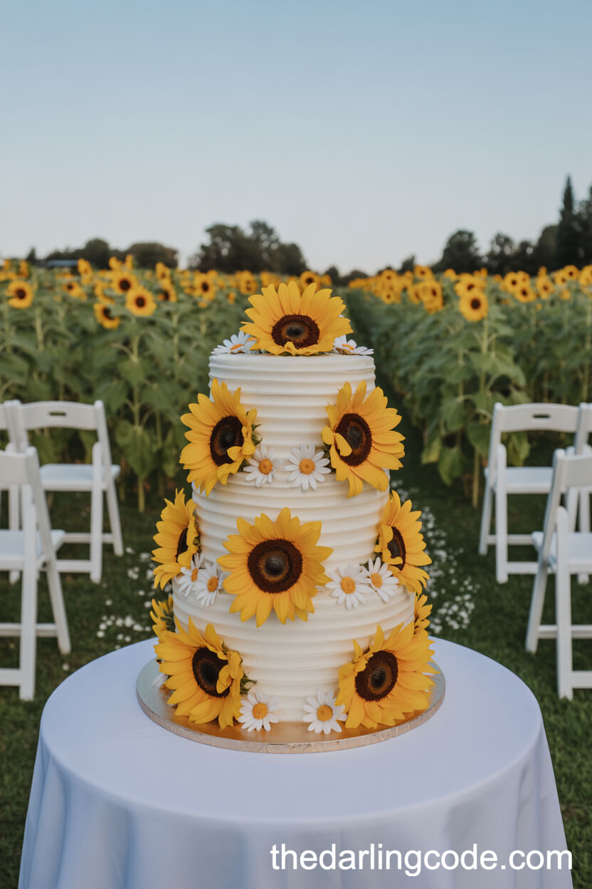 Sunflower And Daisy Wedding Cake For A Summer Garden Ceremony