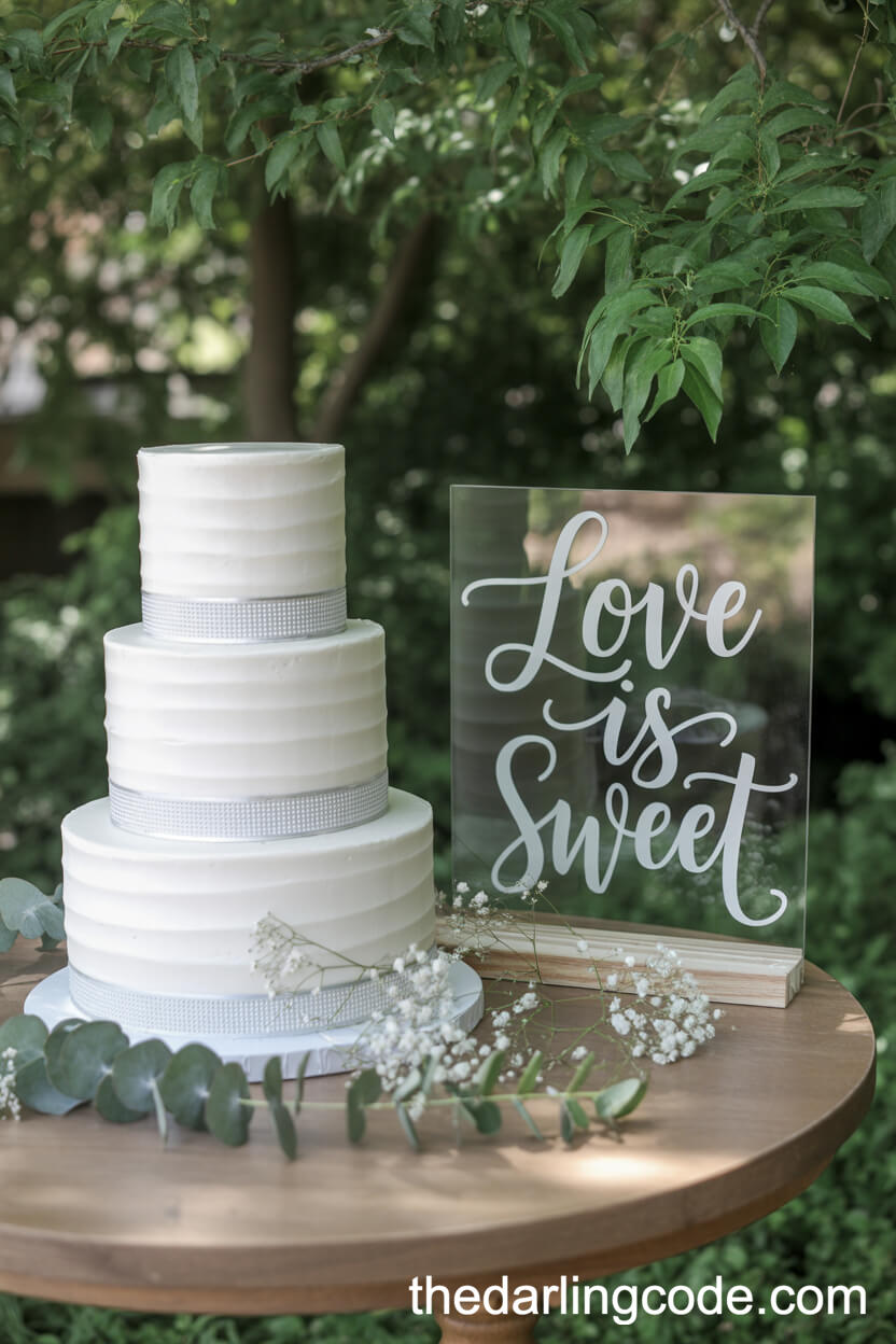 White Fondant Cake With Silver Ribbon And Love Is Sweet Sign