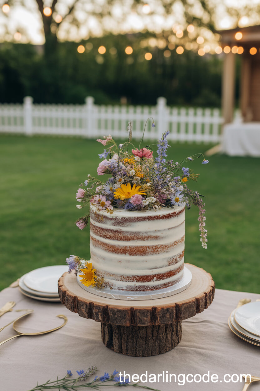 Rustic Naked Cake With Wildflowers For Outdoor Celebrations