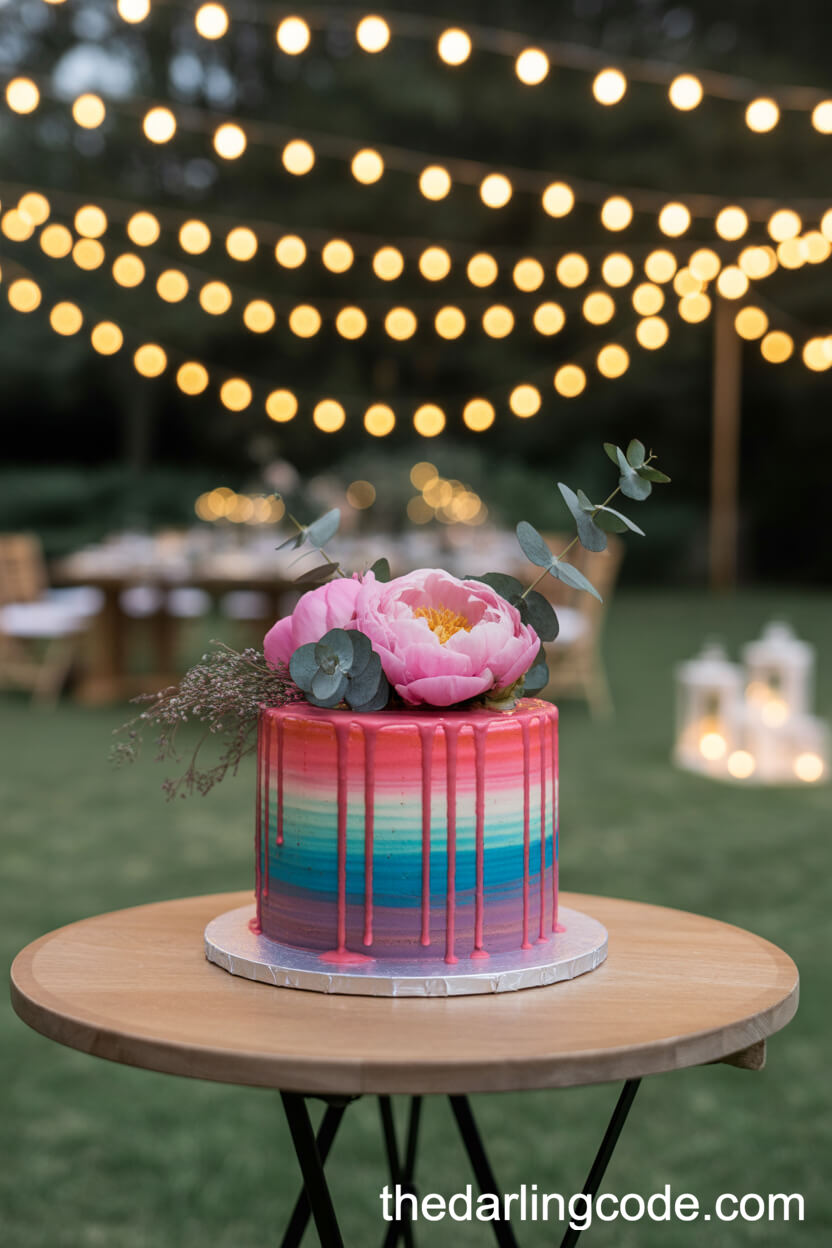 Vibrant Ombre Drip Cake With Pink Peonies And Eucalyptus