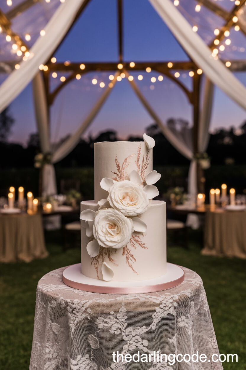 Two-Tier Fondant Cake With Hand-Painted Rose Gold And Ivory Roses
