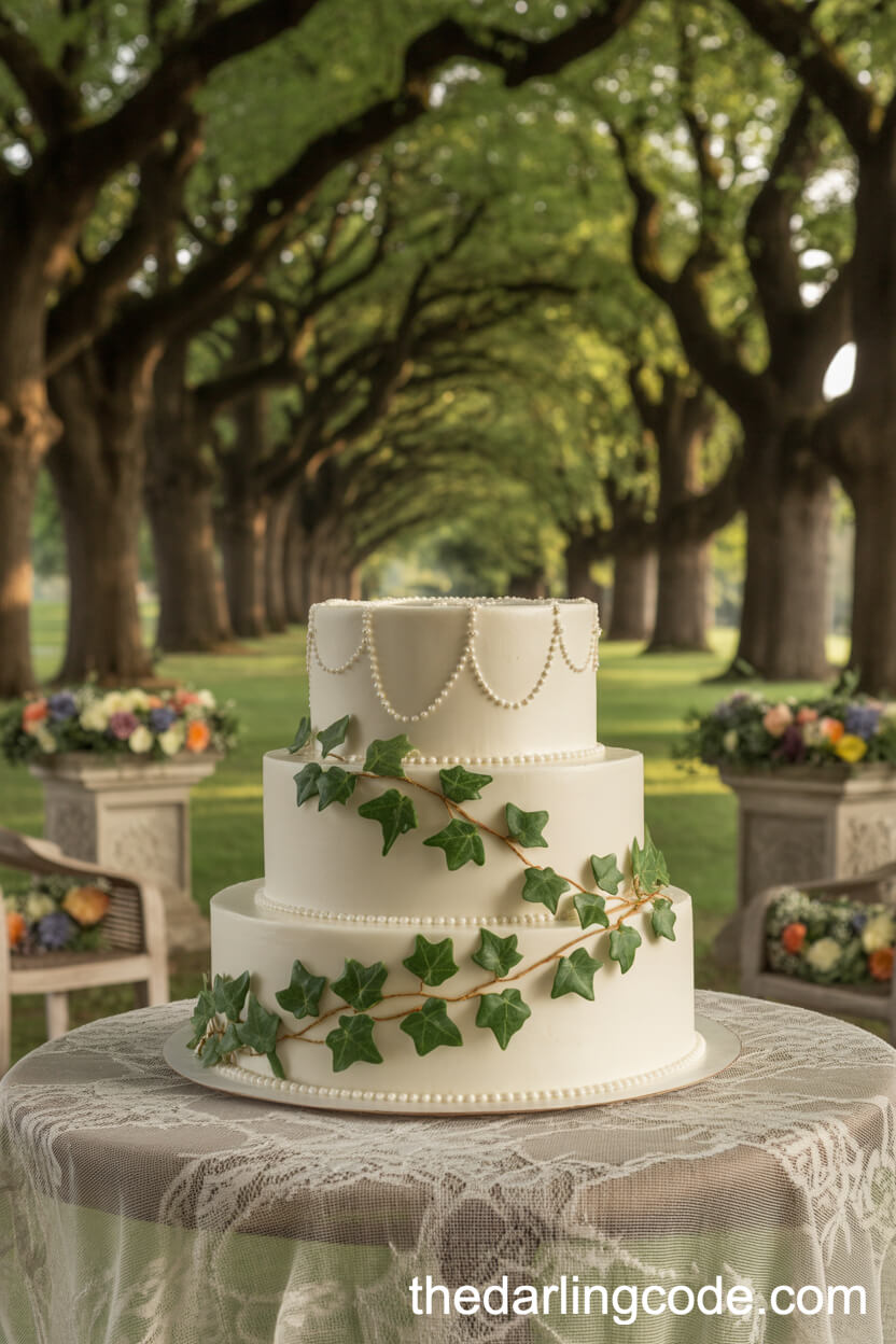 Classic White Cake With Sugar Pearls And Ivy Vines