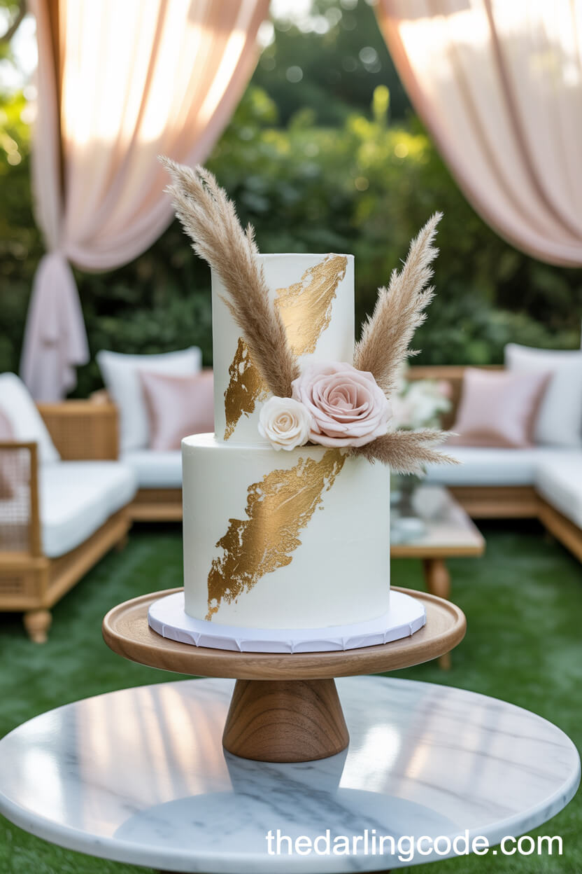 Bohemian Chic Cake With Edible Gold Leaf Pampas Grass And Blush Roses