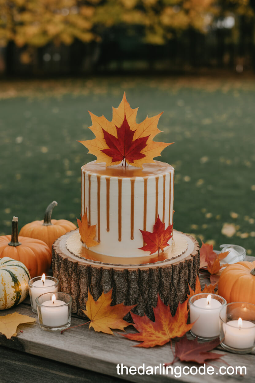 Spiced Caramel Drip Cake With Maple Leaves For A Fall Garden Wedding
