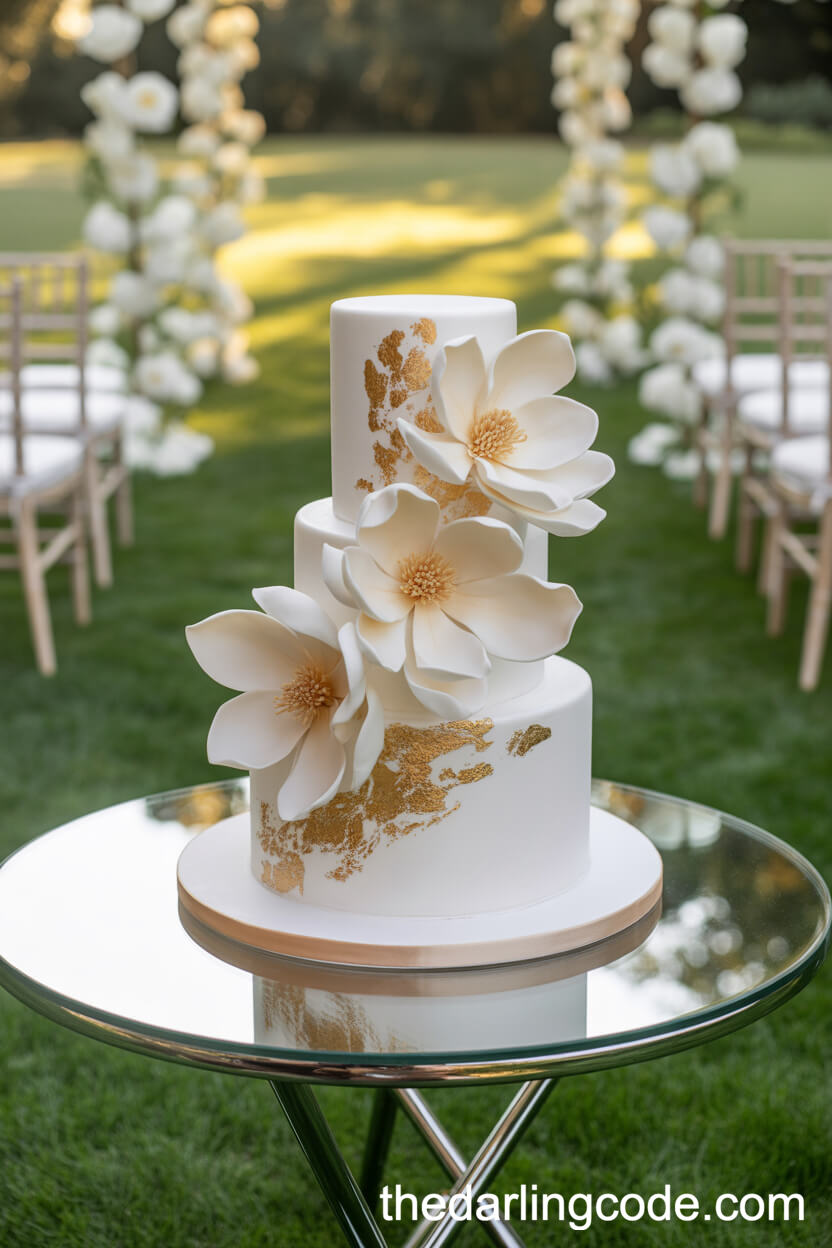 White Cake Decorated With Sugar Magnolia Blooms And Gold Leaf