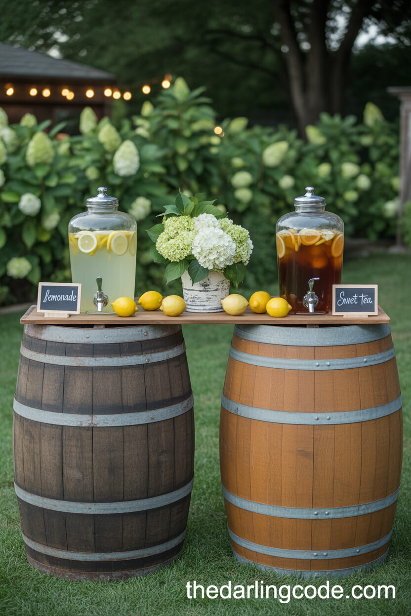 Wedding Drink Bar With Wooden Barrels