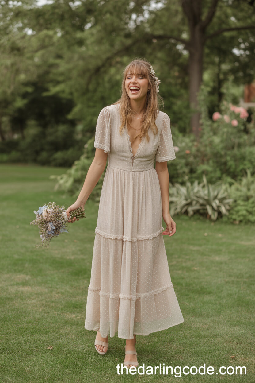Romantic Boho Lace Garden Wedding Dress With Floral Details