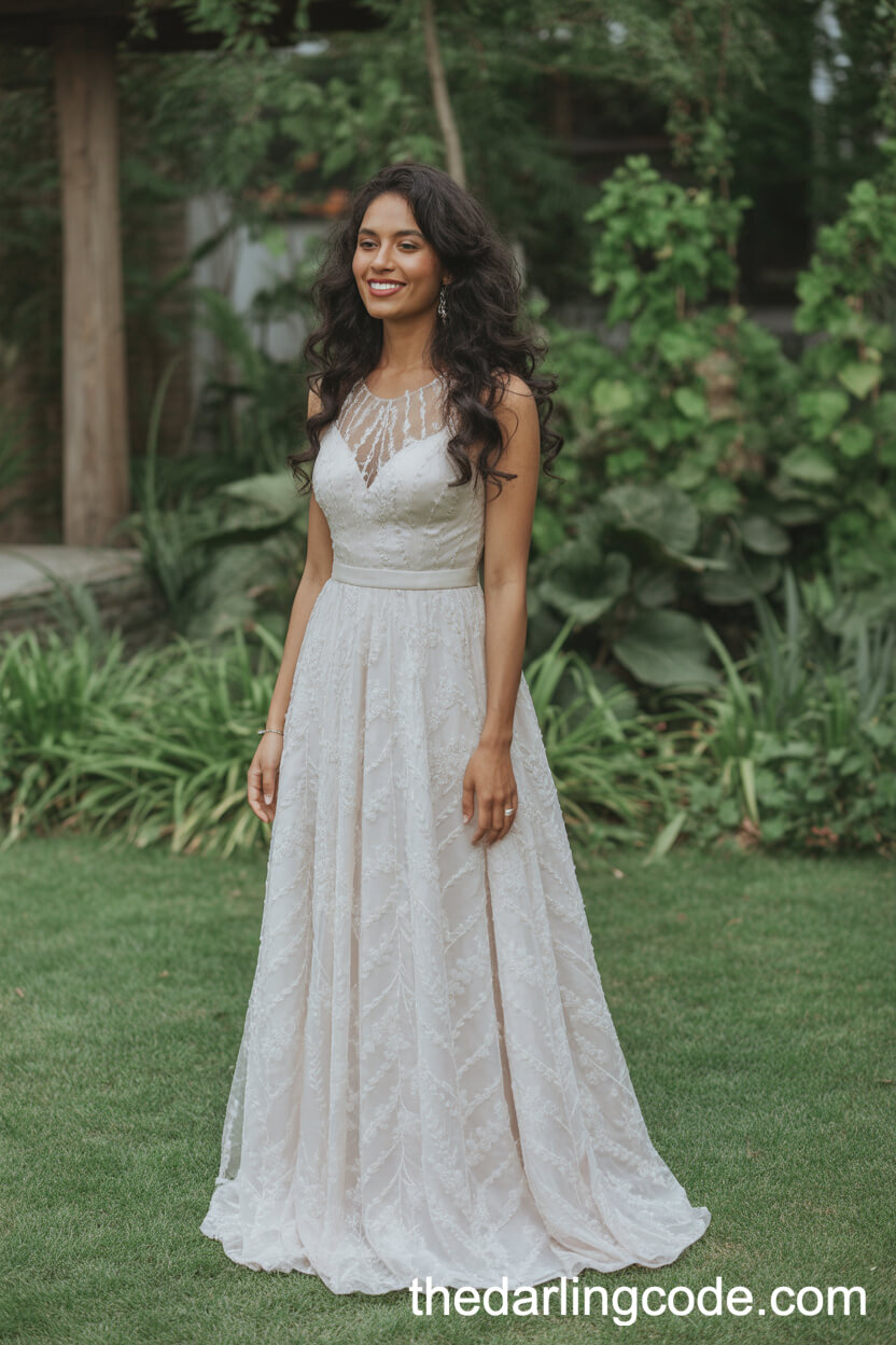 Elegant Illusion Neckline Garden Wedding Dress