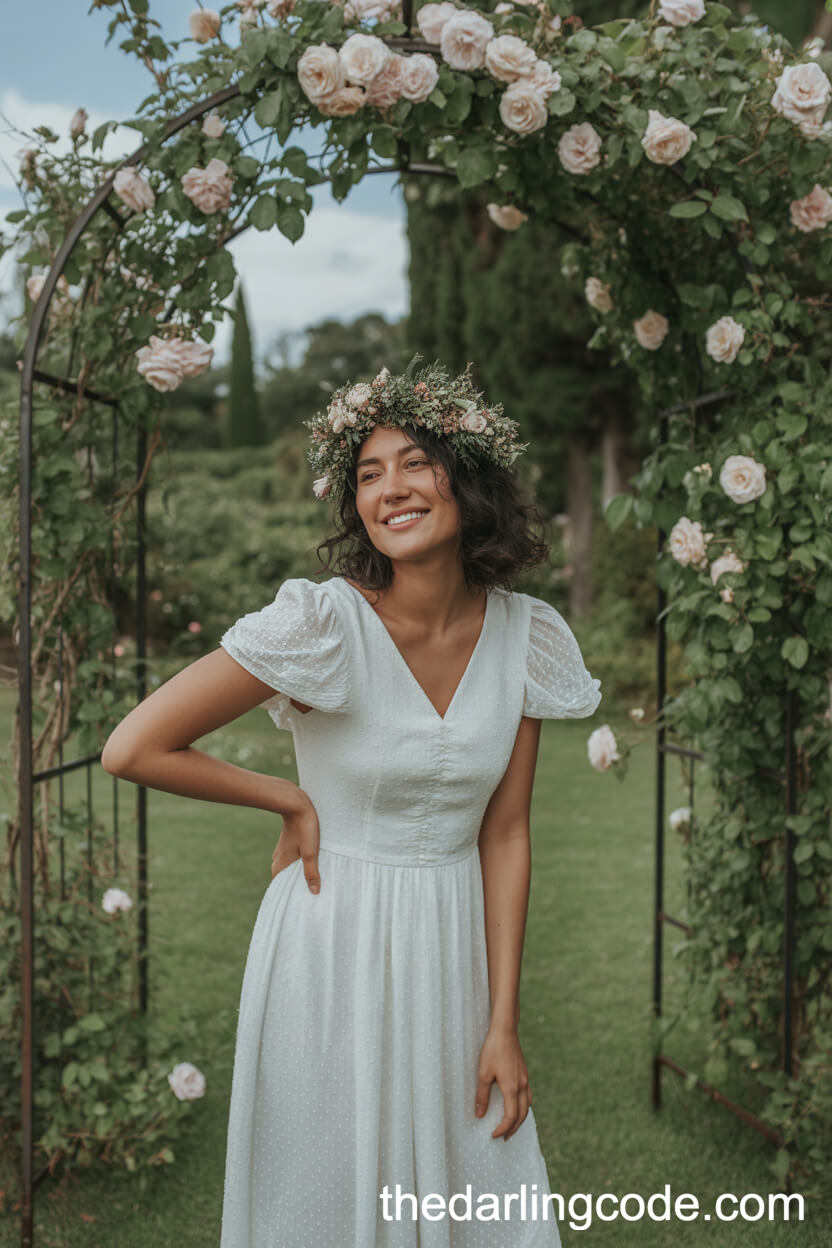 Cap Sleeve White Garden Wedding Dress With Fresh Flower Crown