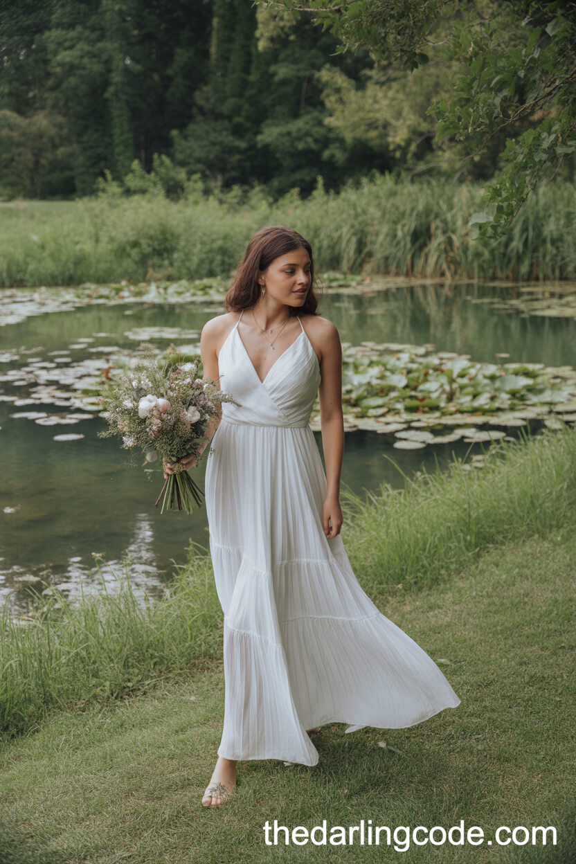 Flowy White Chiffon Garden Wedding Dress By A Pond