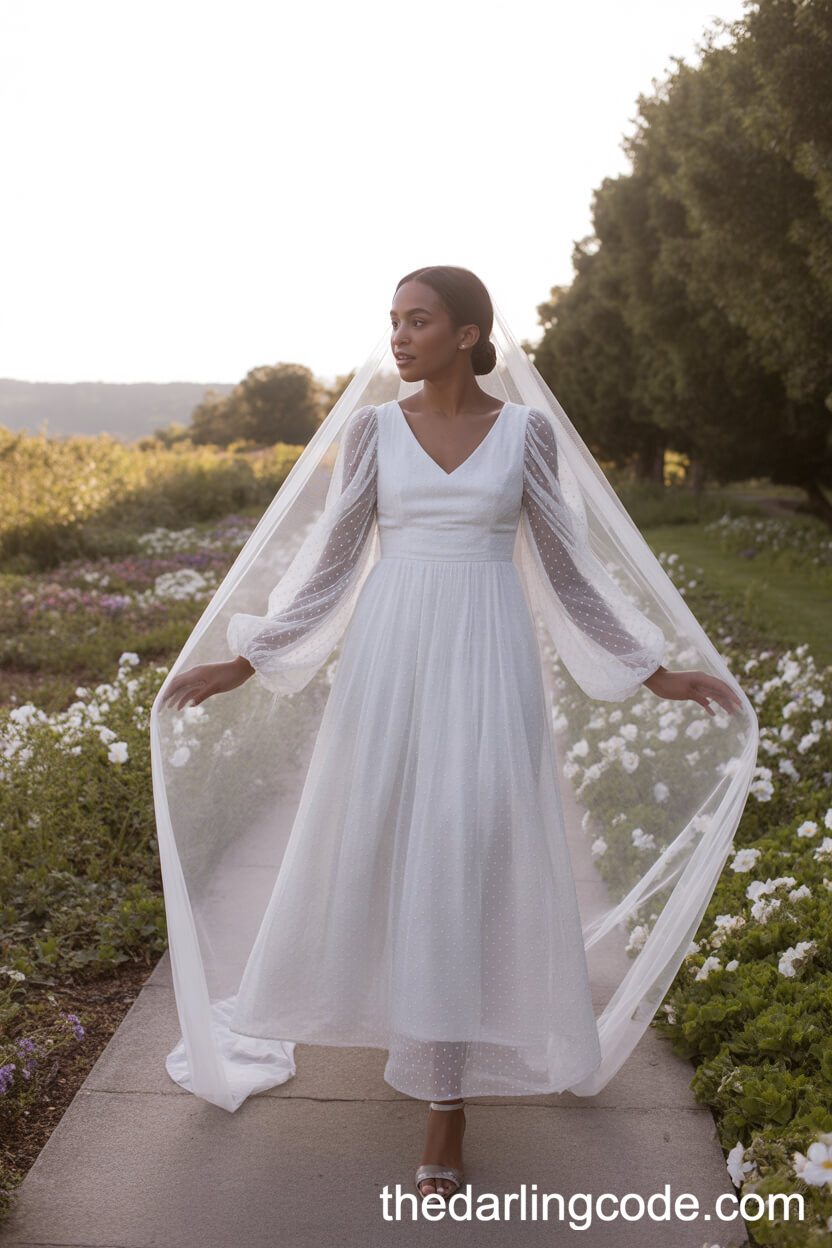 Simple White Garden Wedding Dress With Sheer Sleeves And Veil