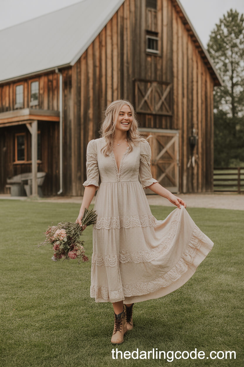Rustic Lace Garden Wedding Dress With Boots