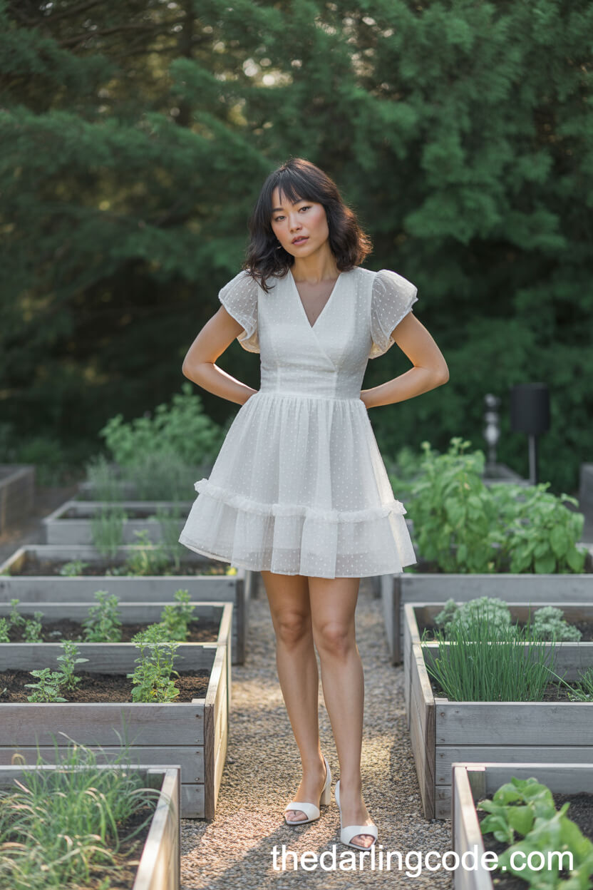 Short White Ruffled Garden Wedding Dress For Herb Garden