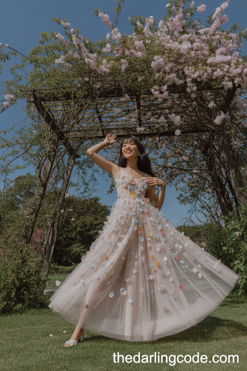 Whimsical Tulle Garden Wedding Dress With Floral Appliqués