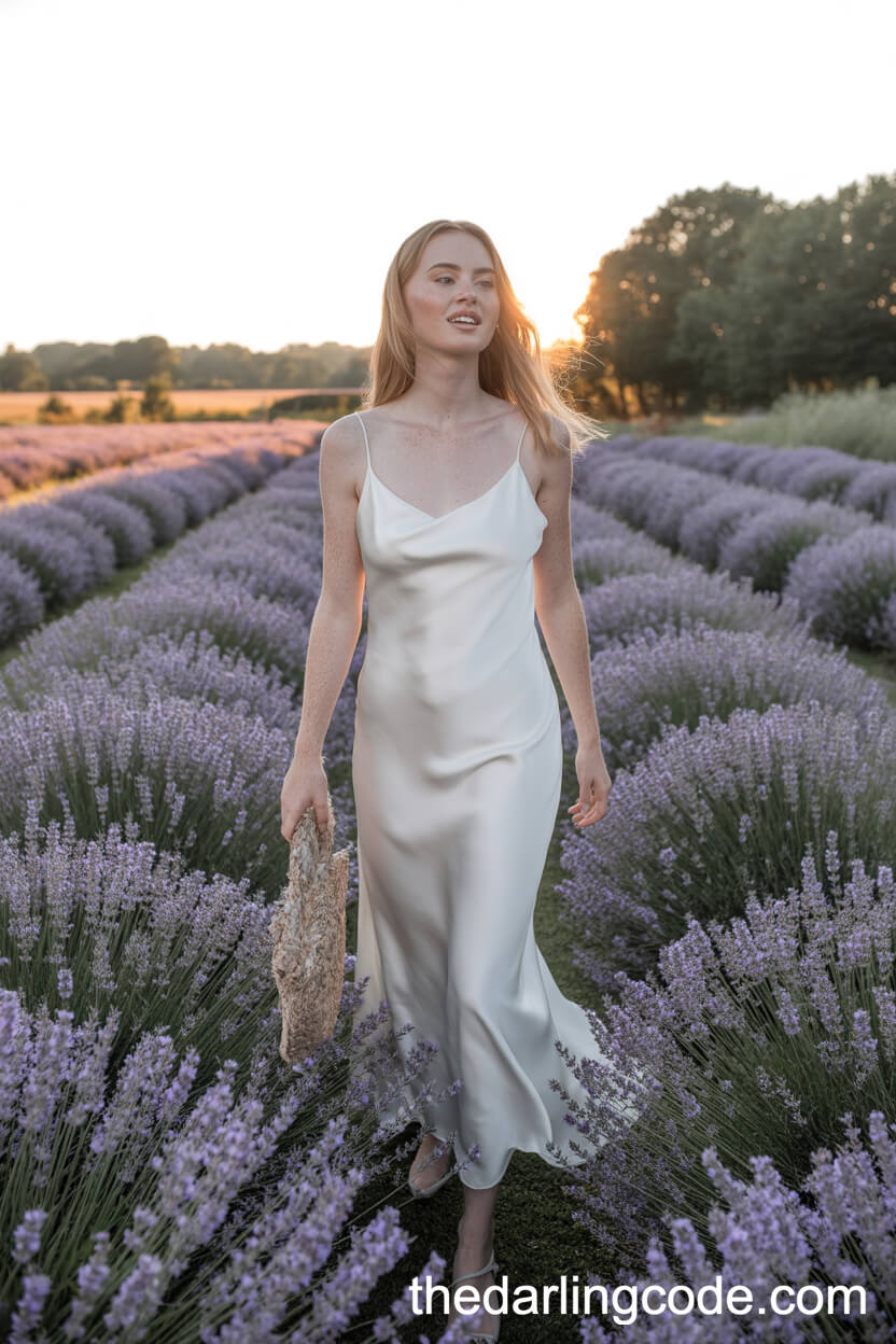 Sleek Satin Slip Garden Wedding Dress In A Lavender Field