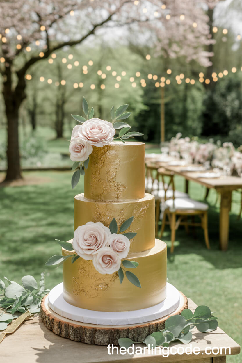Luxurious Gold Wedding Cake With Blush Roses In A Garden Setting