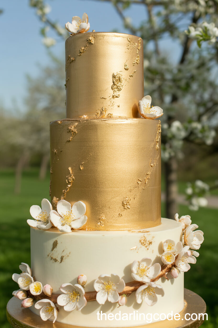 Glimmering Metallic Gold Wedding Cake With Sugar Blossom Garlands