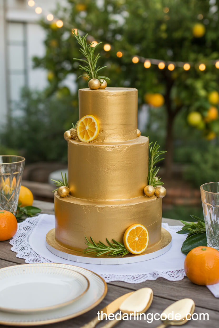 Citrus-Inspired Gold Wedding Cake With Gold Citrus And Rosemary