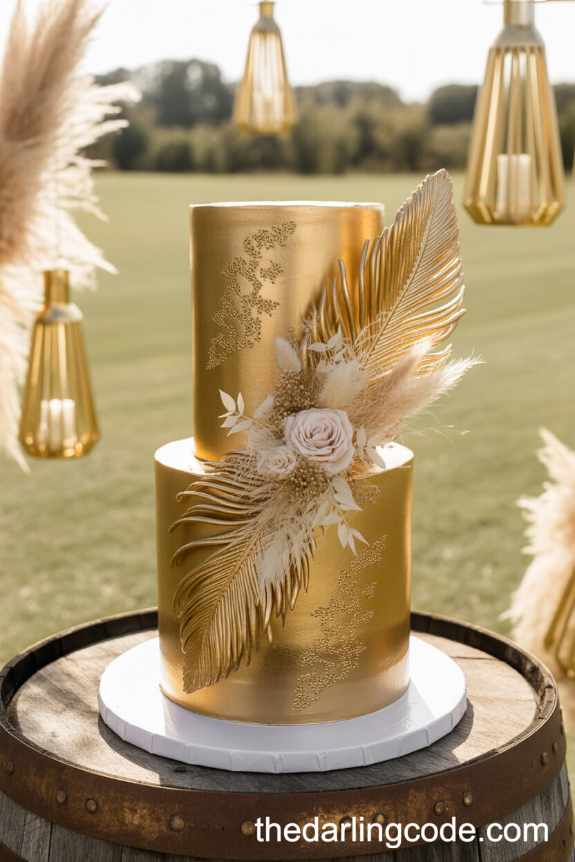 Boho Metallic Gold Wedding Cake With Edible Feathers And Dried Florals