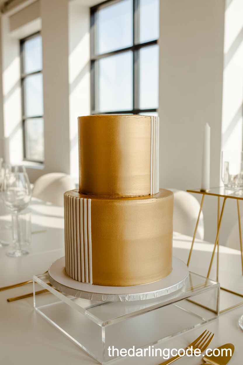 Contemporary Gold Wedding Cake With Vertical White Stripes