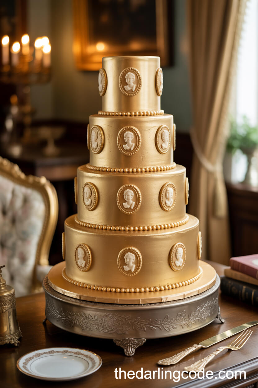 Regal Cameo-Adorned Gold Wedding Cake With Pearl Piping