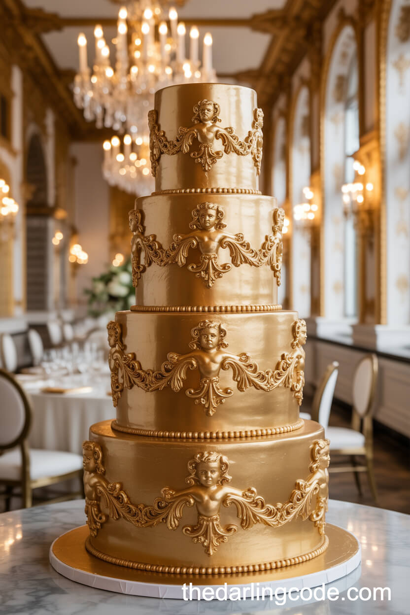Baroque Five-Tier Gold Wedding Cake With Intricate Details