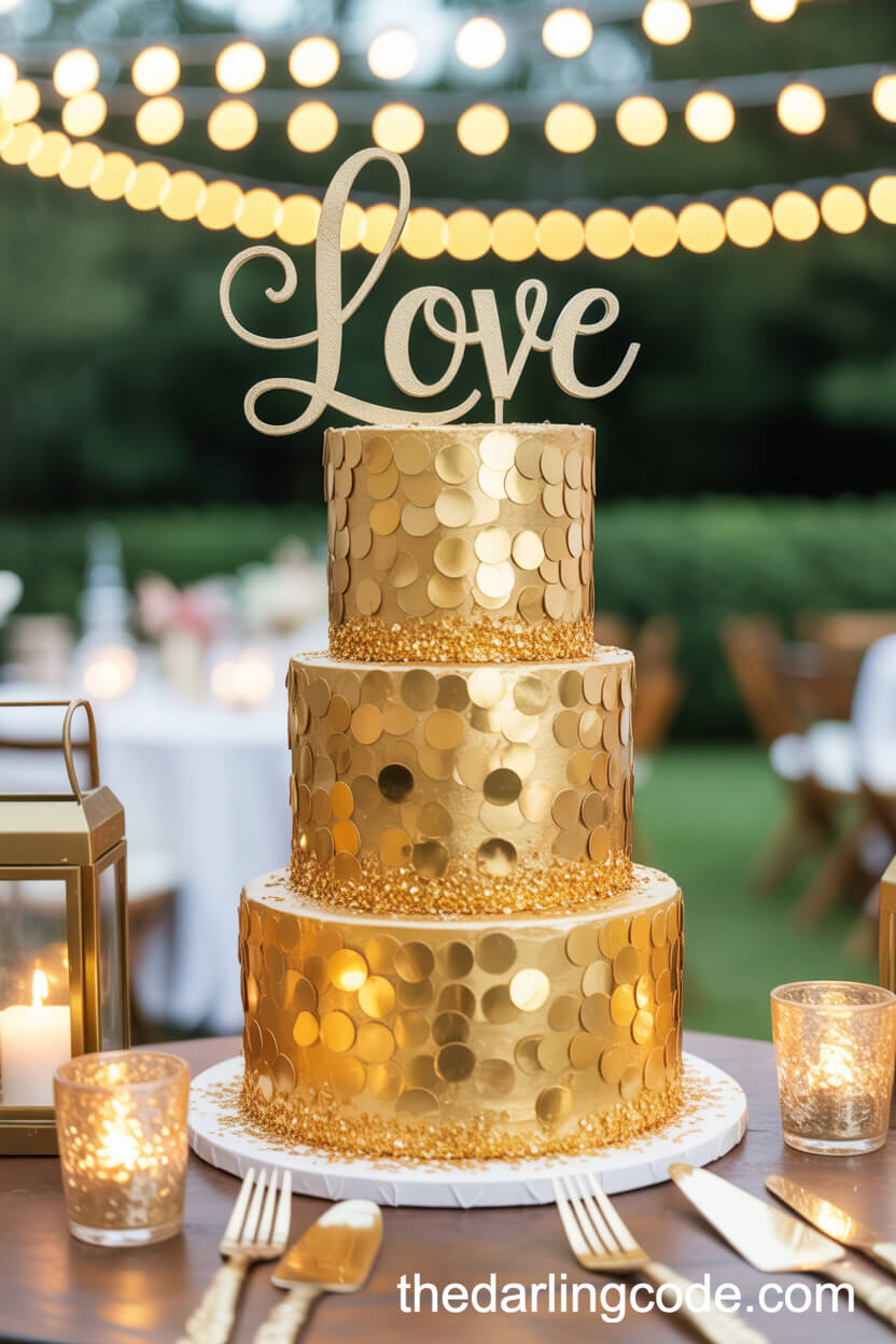 Gold Confetti Sequin Wedding Cake With Modern Cake Topper