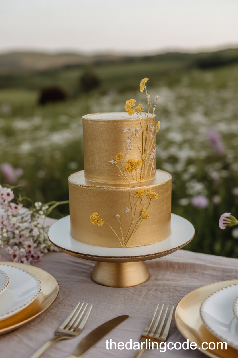 Petite Wildflower Gold Wedding Cake With Pressed Edible Flowers