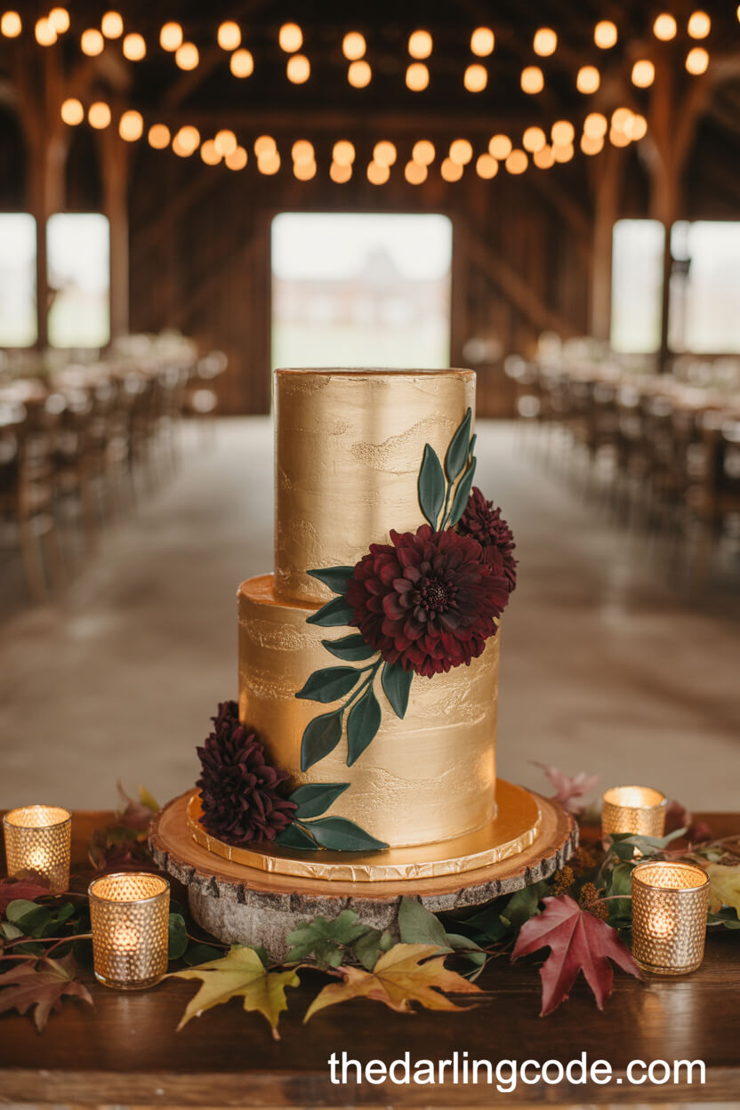 Gold-Painted Wedding Cake With Burgundy Dahlias And Autumn Foliage