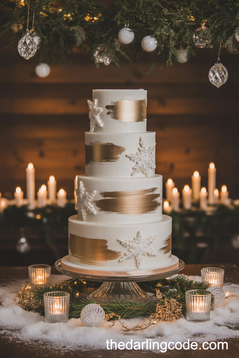 White Wedding Cake With Gold Brushstrokes And Sugar Snowflakes