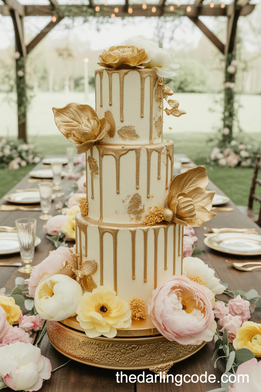 Gold Drip Wedding Cake With Edible Flowers In A Floral Garden
